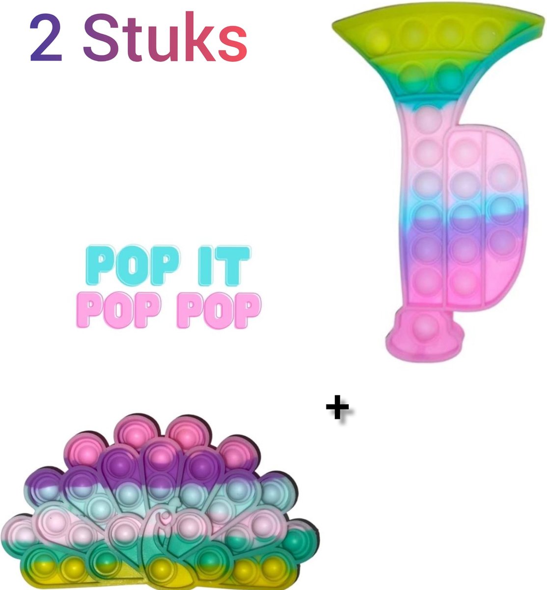 Fidget toys Set | 2 stuks Pop it Regenboog Multi Color | Pauw + Trompet | Anti stress 2021 | Van Tik Tok | Meisjes jongens volwassenen | Verjaardag of Kerst cadeautip